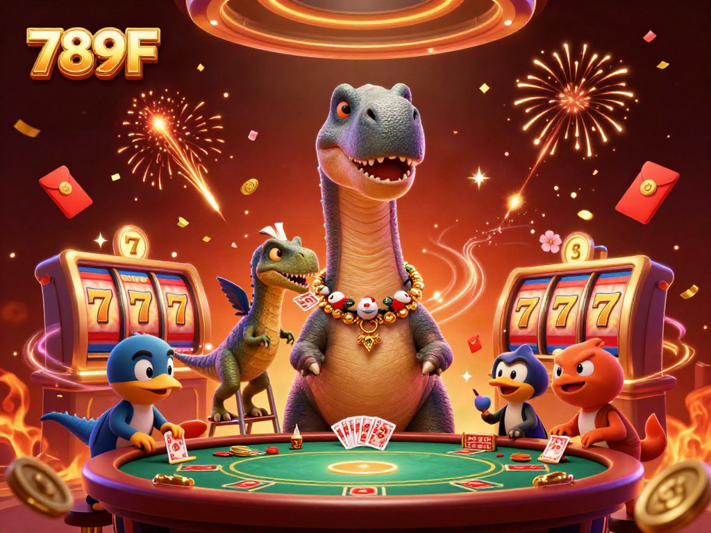 Engage in thrilling games at 789F casino, featuring vivid illustrations of animated characters and exciting slot elements.