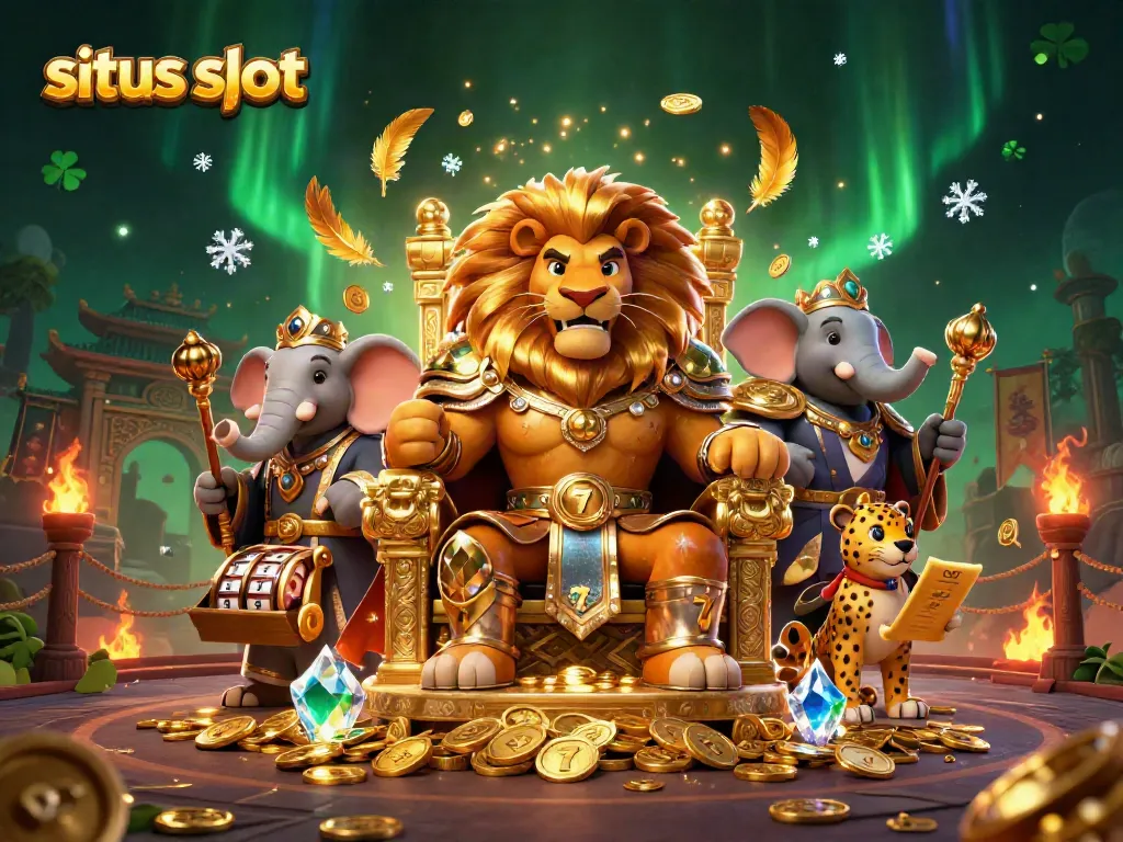 Ilustrasi kartun 3D yang menggambarkan situs slot yang menampilkan raja singa, gajah penasihat, dan cheetah pembawa pesan.