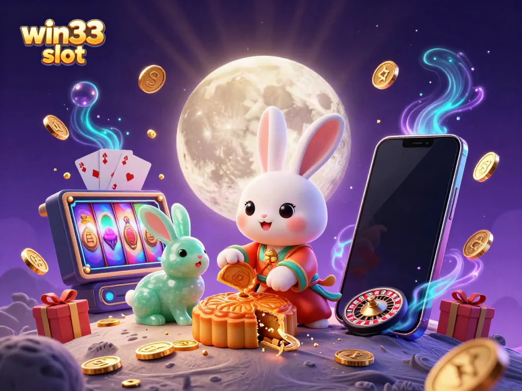 Interact with win33 slot gaming as moon rabbits reveal poker chips from mooncakes in a dazzling casino scene.