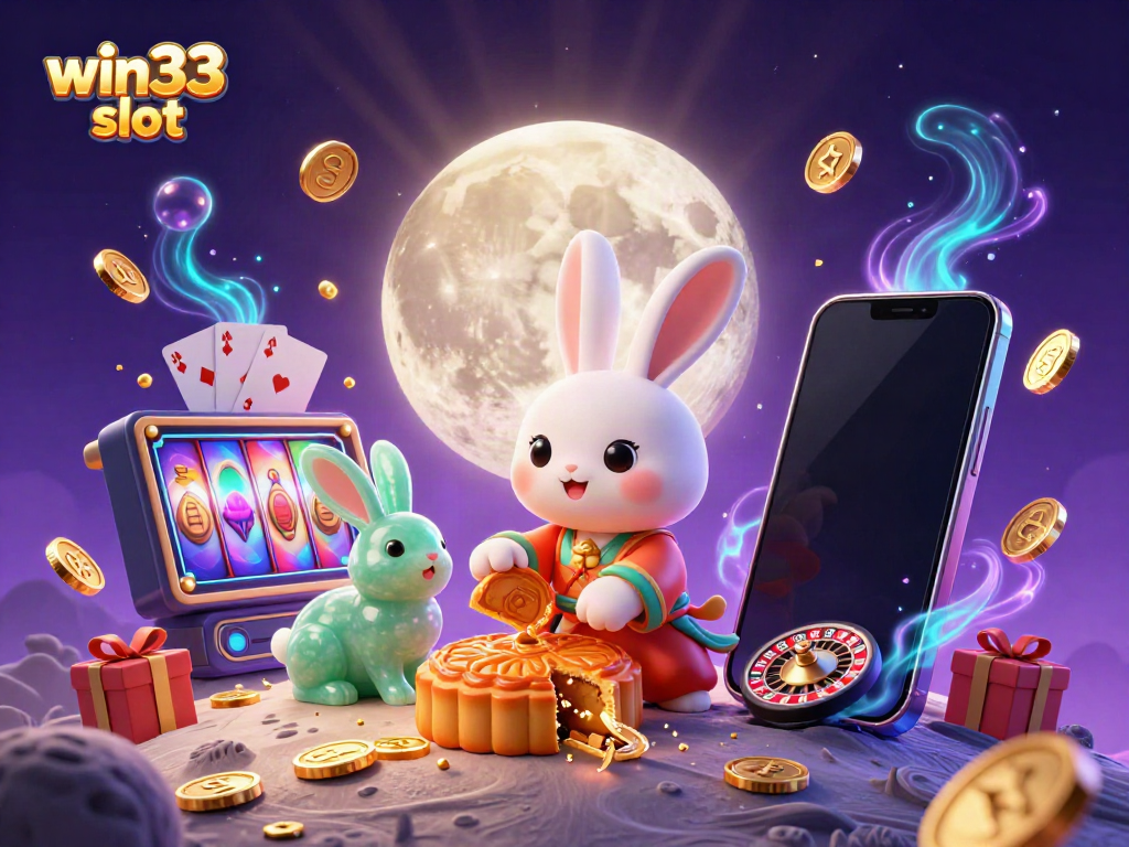 Interact with win33 slot gaming as moon rabbits reveal poker chips from mooncakes in a dazzling casino scene.