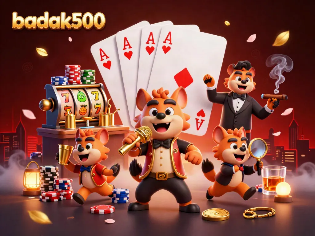 Badak500 menghadirkan kasino dengan hyena lucu, slot, dan banyak chip poker berwarna.