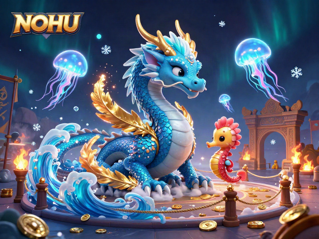 Nurture your luck with NOHU as the azure water dragon sails through fiery coins in a vibrant casino world.