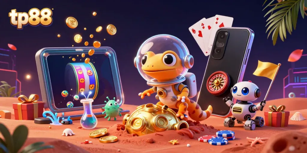 Experience thrilling gameplay at tp88 with a Martian gecko discovering a golden casino treasure.