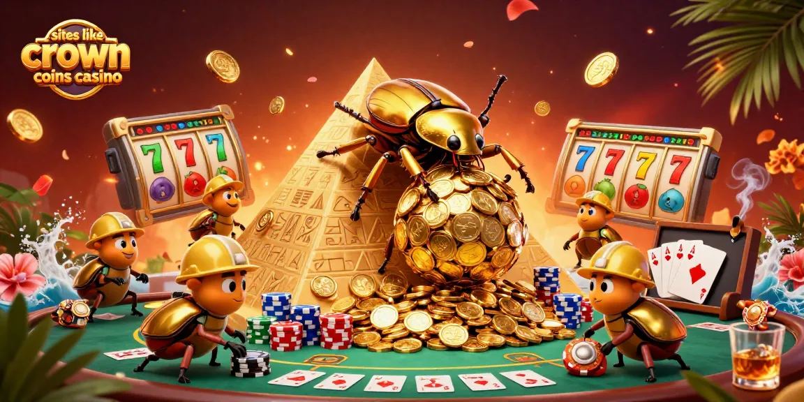 Play exciting slots and games at sites like Crown Coins Casino featuring dynamic 3D beetles rolling coins.
