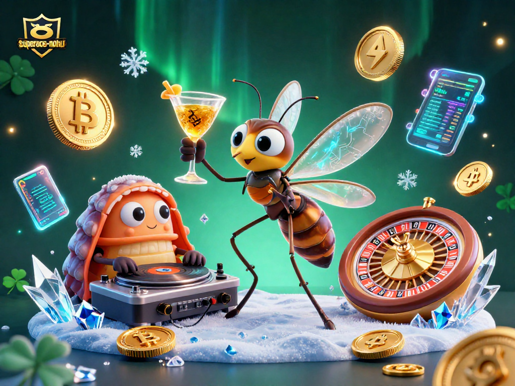 Engage in the superace-nohu experience with a vibrant scene featuring a frozen mosquito casino mascot, trilobite DJ, and golden roulette wheel.