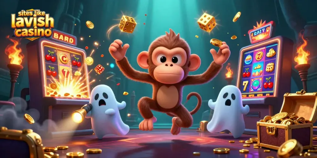 Experience the excitement of sites like Lavish Luck Casino with a playful poltergeist monkey and ghost-hunter puppy!