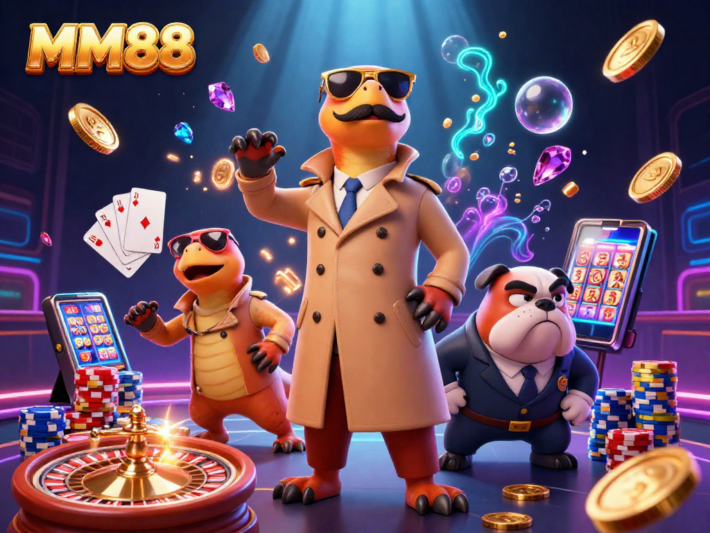 MM88 raptors hilariously attempting VIP entry, showcasing casino excitement with vibrant 3D elements.