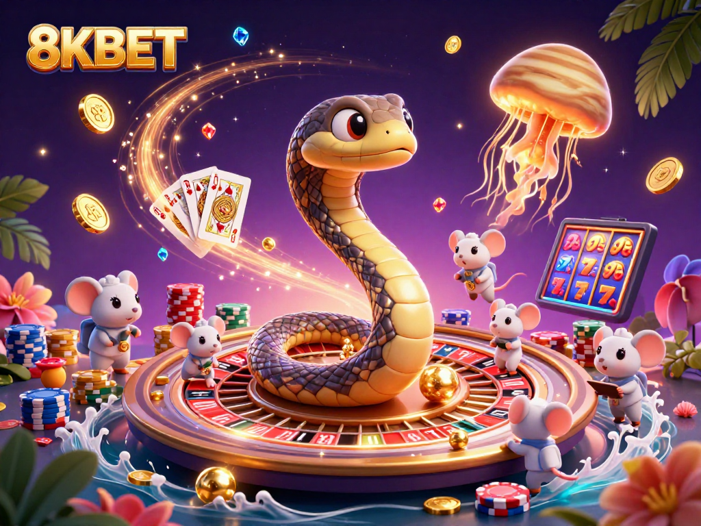Bet on 8KBET's themed casino with cartoon characters and vibrant elements in a cosmic setting