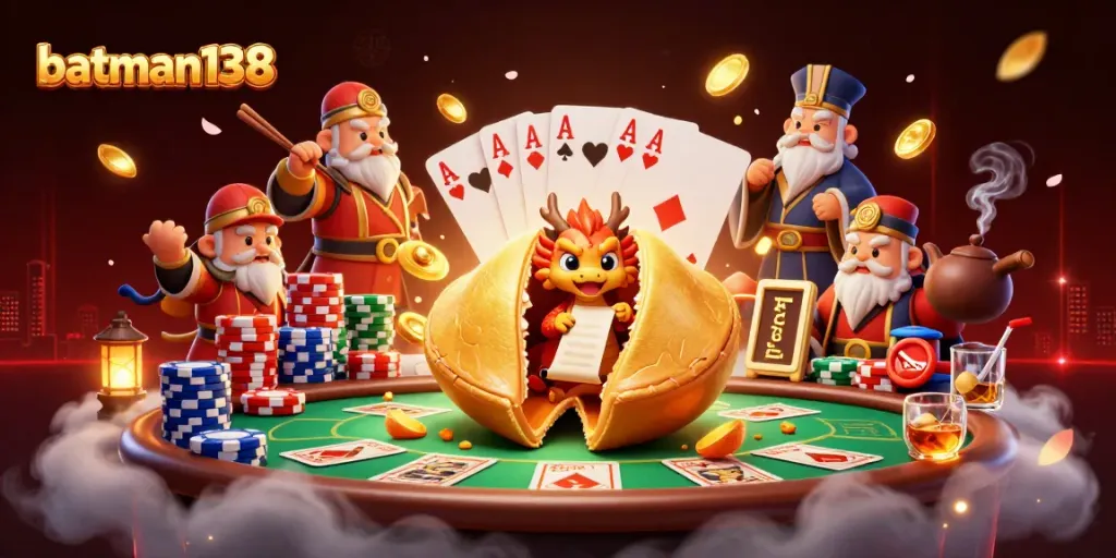 Experience excitement with batman138's rich casino atmosphere featuring a dragon and fortune cookie.
