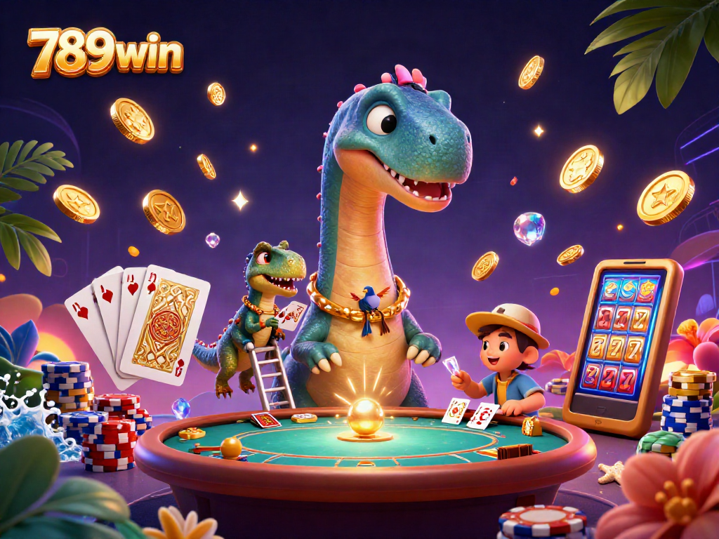 Engaging scene of 789win characters including a brontosaurus and raptor in a vibrant casino.