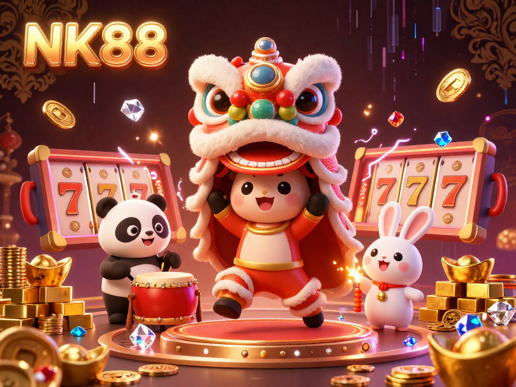 Engage with NK88's vibrant casino experience featuring a lion dance and dynamic slot games.