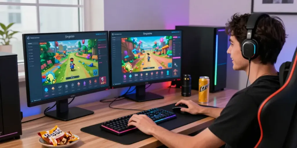 Men actively engaged with the situs singatoto online gaming platform in a vibrant and modern setup.