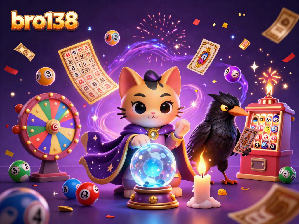 Engage with bro138's vibrant casino scene featuring a mystic cat and interactive gaming elements.