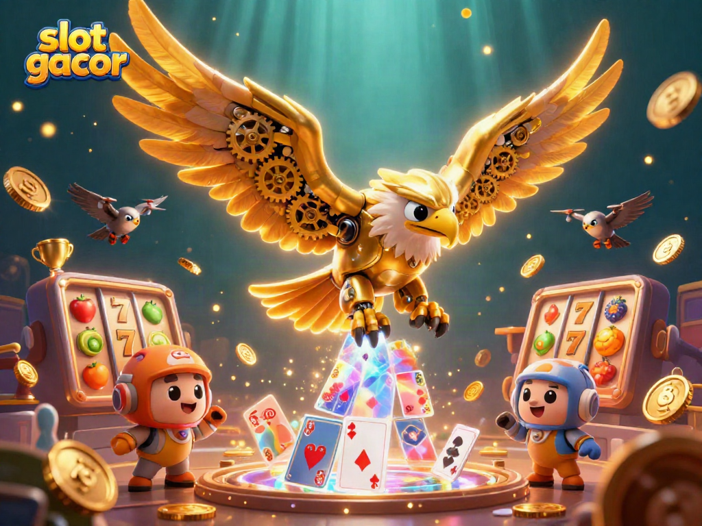 Experience winning moments with slot gacor in a vibrant 3D casino scene filled with dynamic reels and characters.