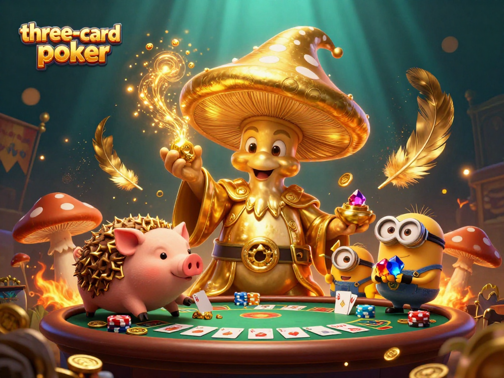 Engaging three-card-poker scene showcasing golden wizard and pig surrounded by poker elements.