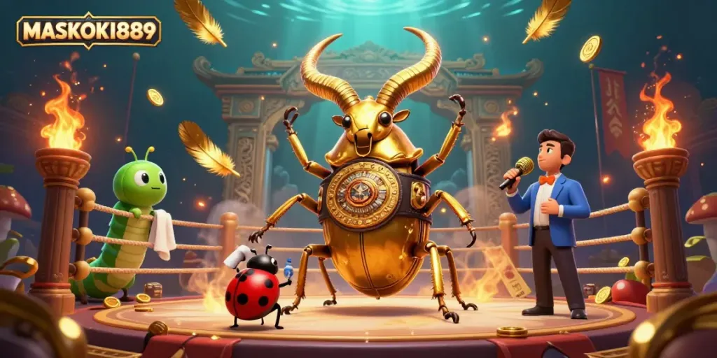 Experience the thrill of MASKOKI889 with a dynamic 3D scene featuring a champion beetle, ladybug cornerman, and caterpillar announcer.