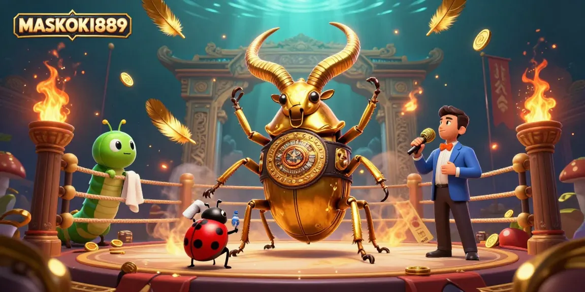 Experience the thrill of MASKOKI889 with a dynamic 3D scene featuring a champion beetle, ladybug cornerman, and caterpillar announcer.