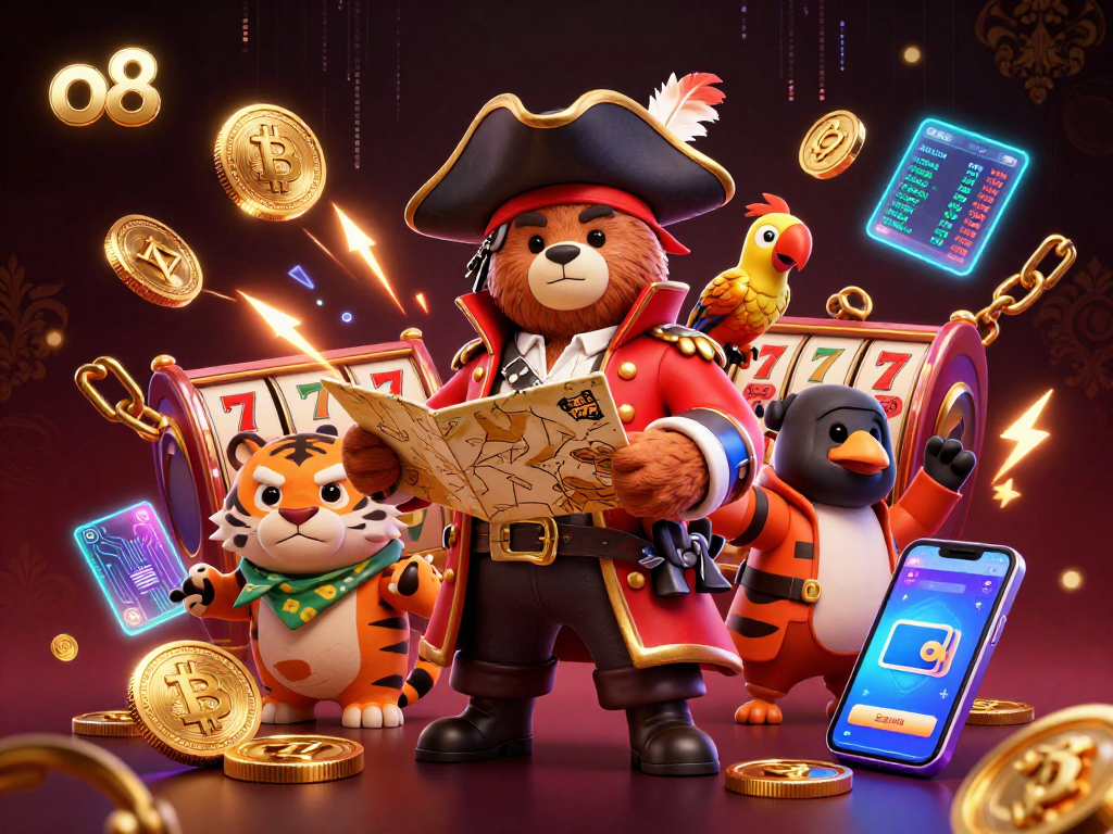 Engage with exciting gaming at o8, showcasing a dynamic pirate scene filled with crypto casino elements and slot machine excitement.