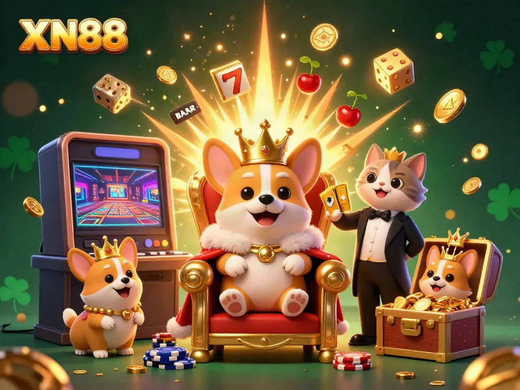 XN88 thrives with a royal corgi and cat butler amidst a vibrant jackpot explosion in this casino illustration.
