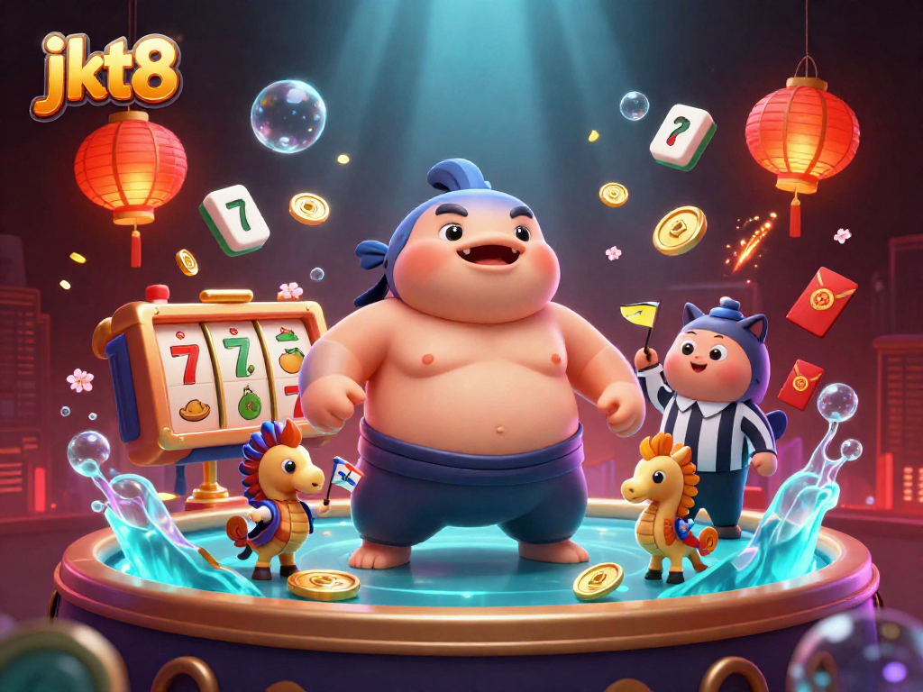Aksi permainan jkt8 dengan ikan fugu dan simbol slot di latar belakang penuh warna