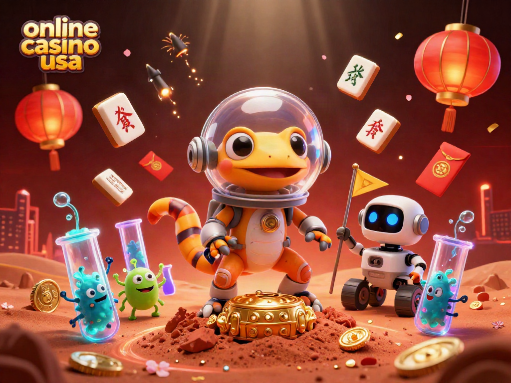 Experience online casino usa excitement with a Martian gecko discovering gold and vibrant game elements.