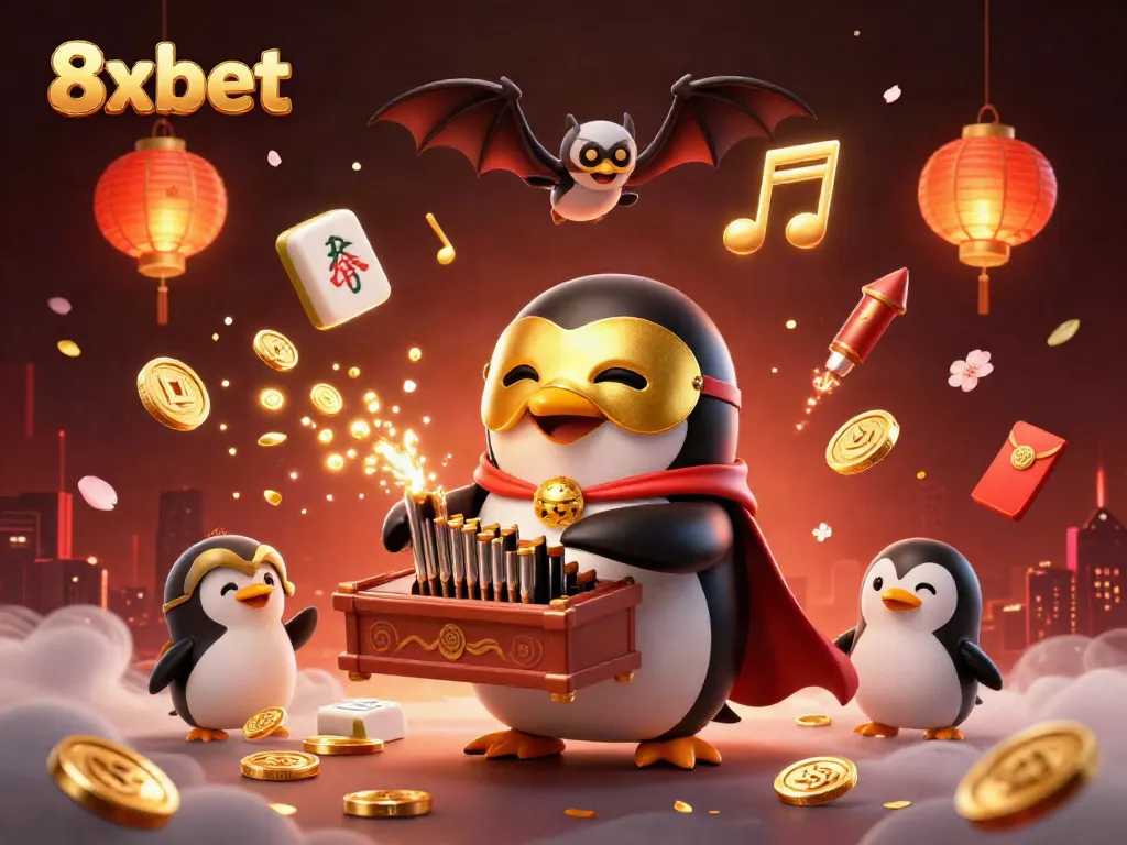 Experience winning with 8xbet as a cartoon penguin plays a gold coin organ amidst festive elements.