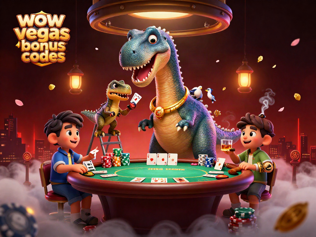 Engage with WOW Vegas bonus codes for exciting poker action and vibrant casino illustration.