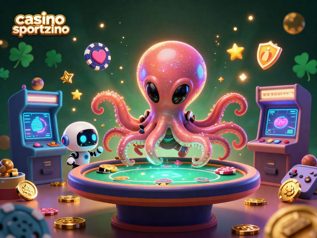 Join the fun at casino like sportzino with an alien octopus at a poker table surrounded by colorful gaming elements.