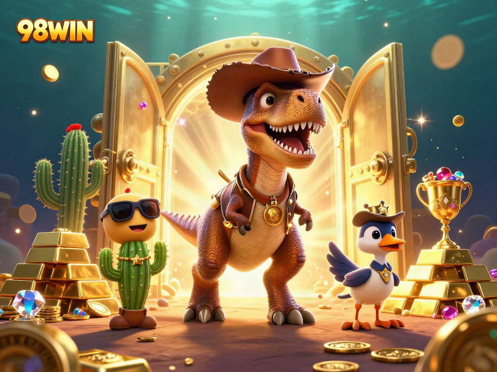 Join the thrilling adventure of 98WIN in this dynamic casino-themed illustration featuring cartoon characters among treasures.