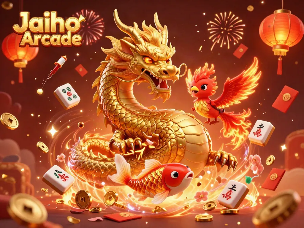 Experience the vibrant celebration of Jaiho Arcade with a dynamic scene of a golden dragon, phoenix, and koi fish amidst festive casino elements.