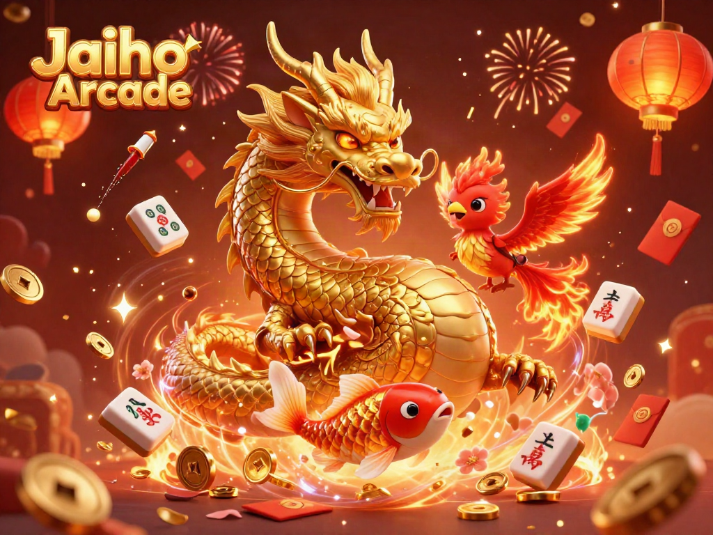 Experience the vibrant celebration of Jaiho Arcade with a dynamic scene of a golden dragon, phoenix, and koi fish amidst festive casino elements.