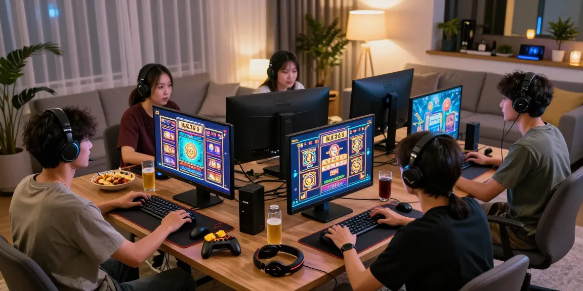 Group of friends enjoying slot games on NX303 in a vibrant gaming environment, showcasing online gaming culture.