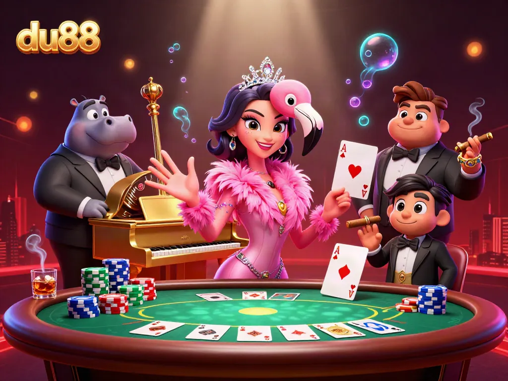 Experience vibrant du88 gaming with a flamingo performer and hippo bassist in an energetic casino scene.