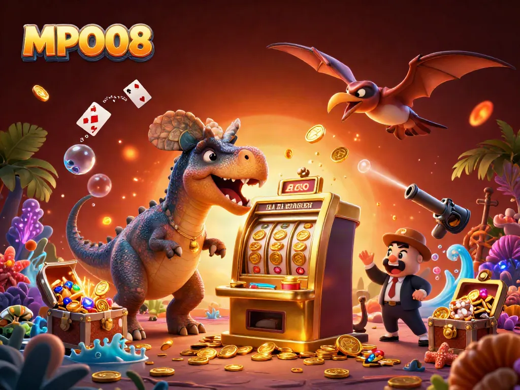 MPO08 showcases a fun slot machine scene with cartoon dinosaurs interacting and collecting coins.