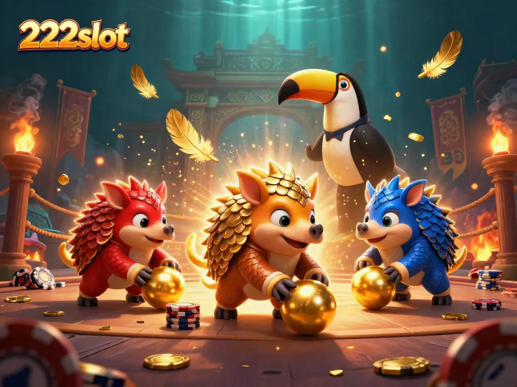 Keseruan bermain 222slot dengan dua pangolin bersaing di arena judi yang berkilauan.