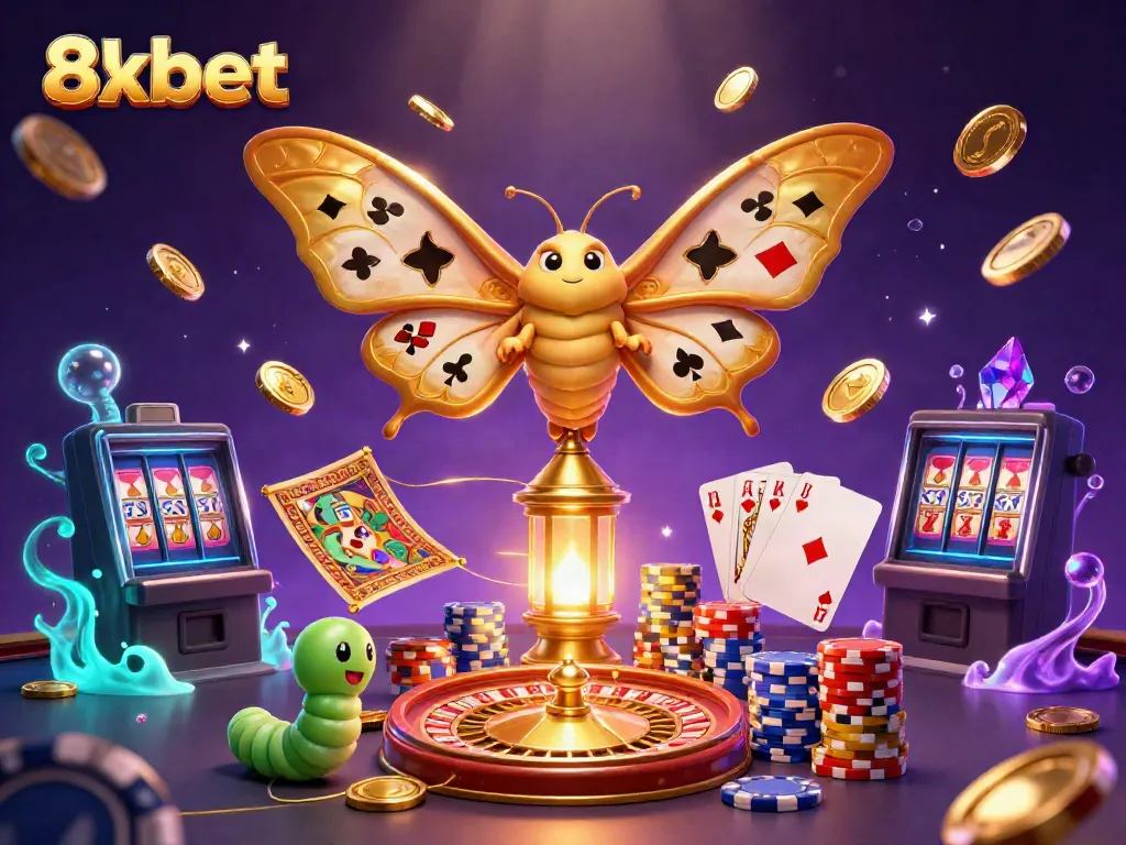 Engage in thrilling gameplay at 8xbet with vibrant casino scenes featuring a golden moth and spinning roulette.