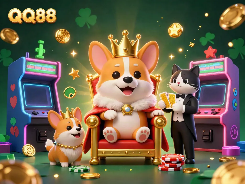 Experience QQ88's luxury with a royal corgi and cat butler amidst vibrant gaming elements.