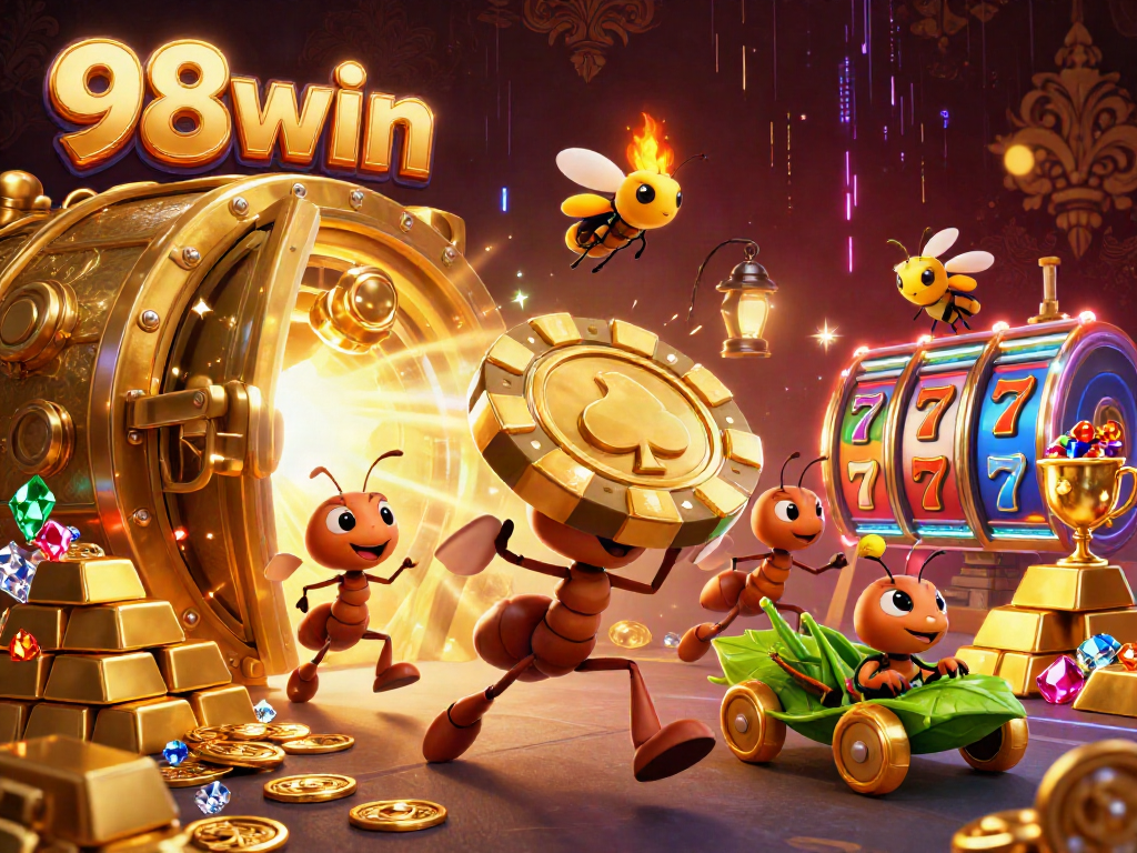 Engaging illustration of 98win, featuring cartoon ants in a heist with a golden poker chip and casino elements.