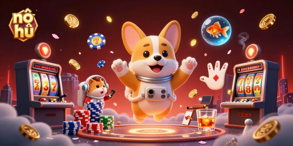 Experience nổ hũ action with a vibrant, dynamic casino scene showcasing slot machines and colorful gameplay.