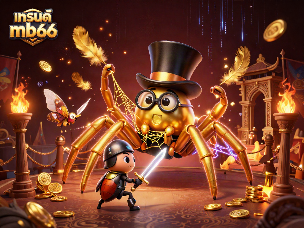 Experience thrilling gameplay with แบรนด์ mb66, featuring a giant tarantula and knight in a vibrant casino illustration.