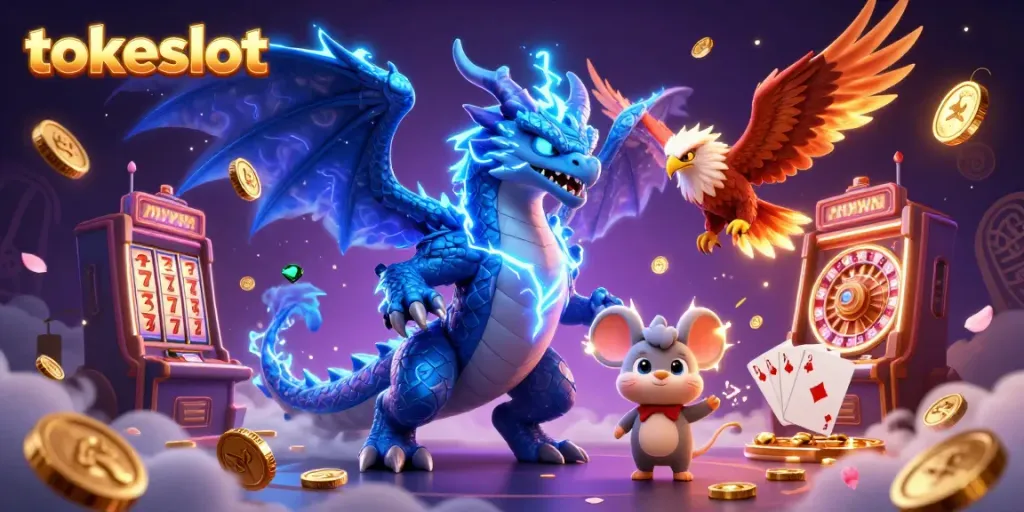Experience the excitement of tokeslot with vibrant 3D casino characters and elements, including golden coins and a spinning roulette.