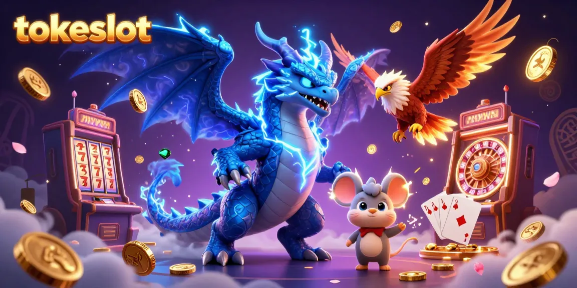 Experience the excitement of tokeslot with vibrant 3D casino characters and elements, including golden coins and a spinning roulette.