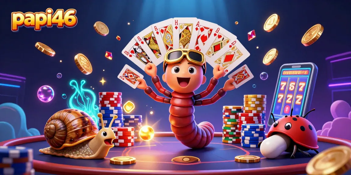 Permainan kartu secara spektakuler oleh papi46 dengan dealer unik dan tumpukan chip di meja kasino.