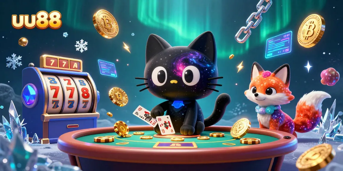 uu88 cat pulls in jackpot chips at a vibrant cosmic casino scene with 3D characters.