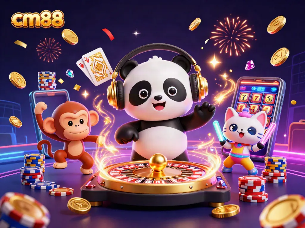 Experience thrilling games at cm88 with a lively scene featuring a DJ panda, dancing monkey, and glowing kitten.