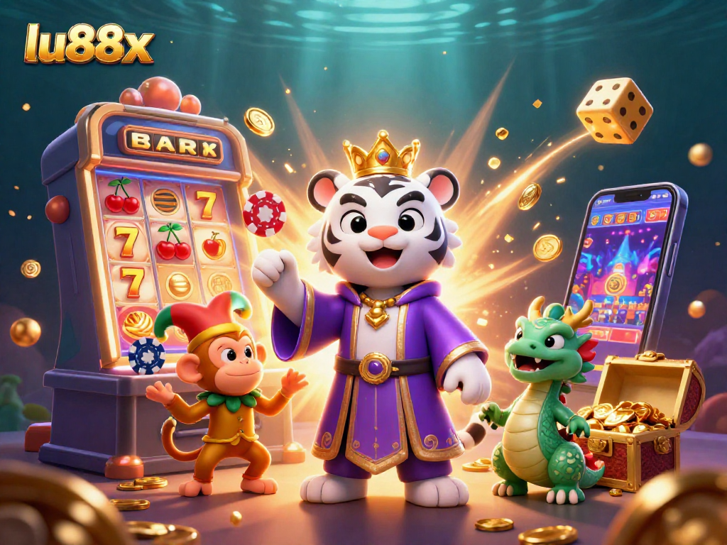 Spin to win big at lu88x with vibrant casino illustrations, featuring a white tiger, monkey, and jade dragon.
