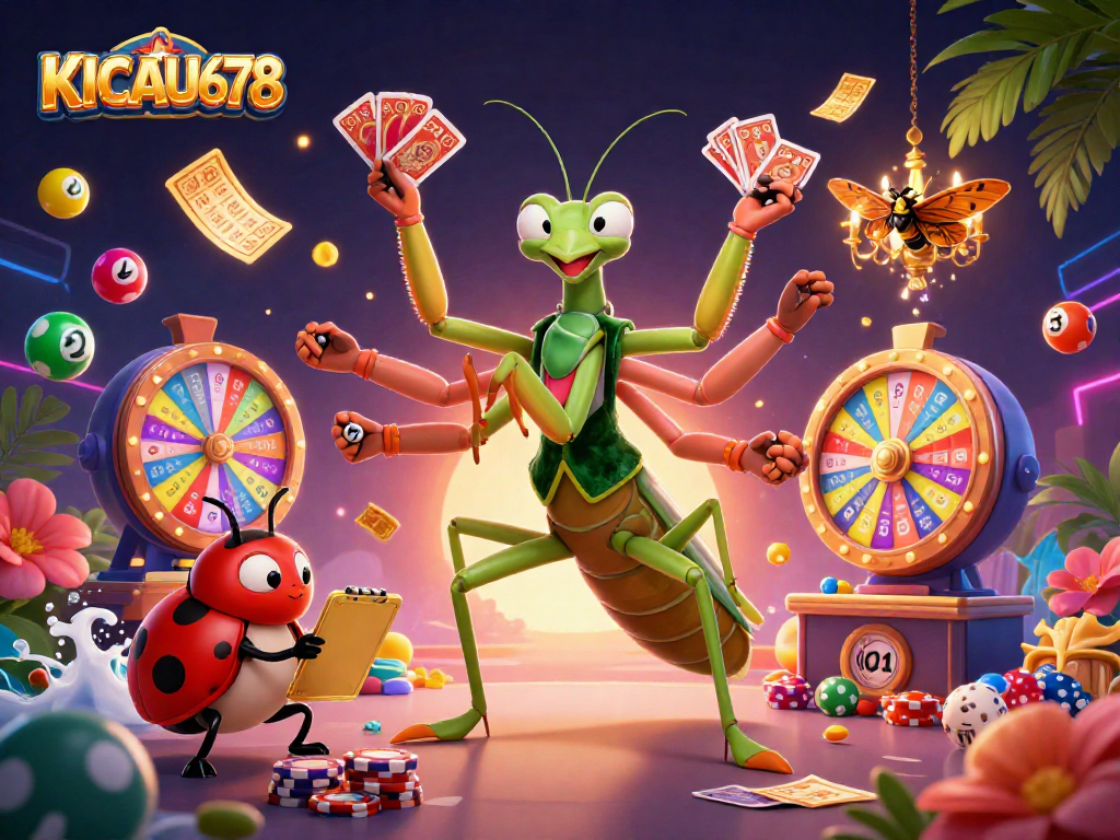 KICAU678 showcases a vibrant casino scene with a giant mantis and ladybug characters amidst colorful gaming elements.