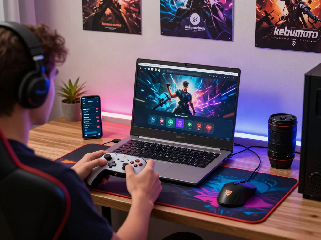 Interactive gaming scene on kebuntoto platform with laptop, controller, and vibrant LED lights.