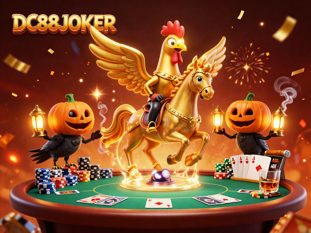 Engage with DC88JOKER in a vibrant casino scene featuring a golden rooster and poker elements.