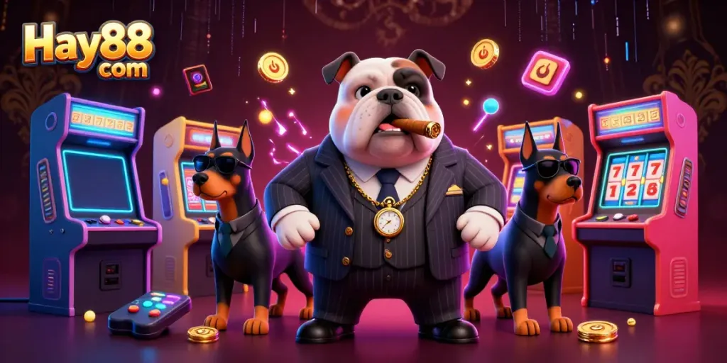 Engage in gaming thrills at Hay88 com with a vibrant 3D casino scene featuring a mafia bulldog and stunning visuals.